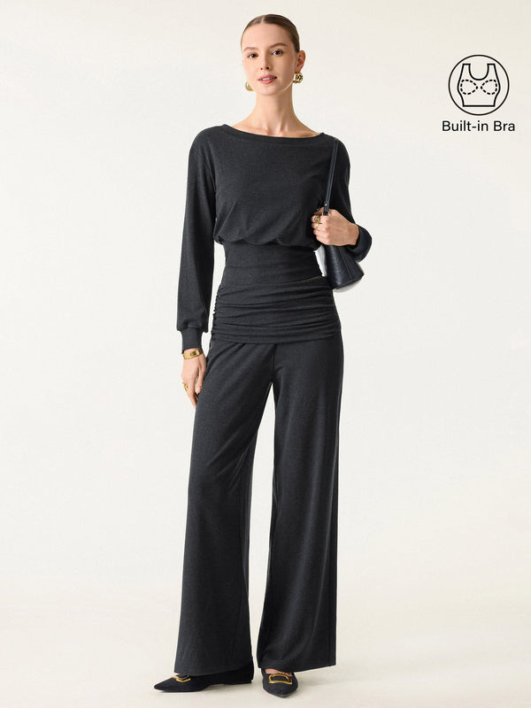 2Pcs Set Boatneck Brami & Drapey Wide Leg Pull-on Pants with Pockets Heather Black XS