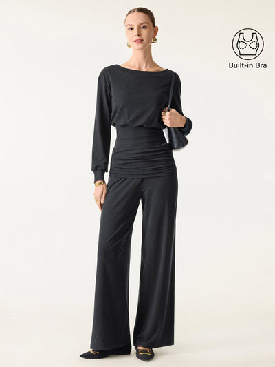 OGLmove 2Pcs Set Boatneck Bra & Drapey Wide Leg Pull-on Pants with Pockets Heather Black XXS