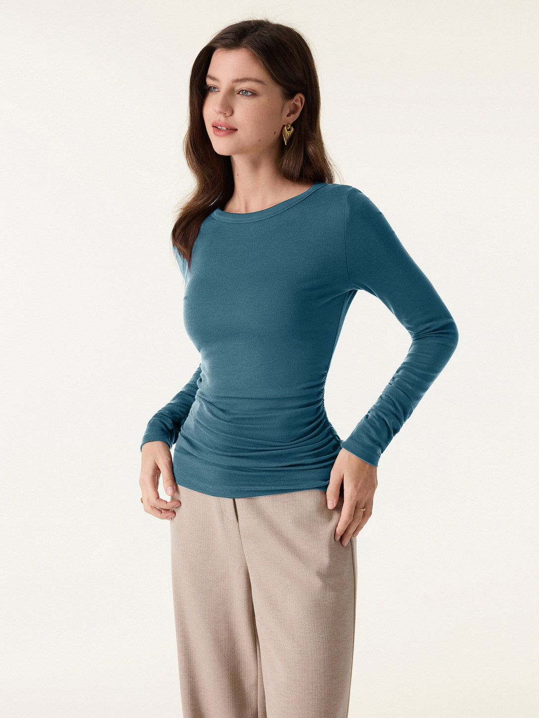 Lyocell Cashmere Ruched Sleeve Skimming Top Deep Water XS