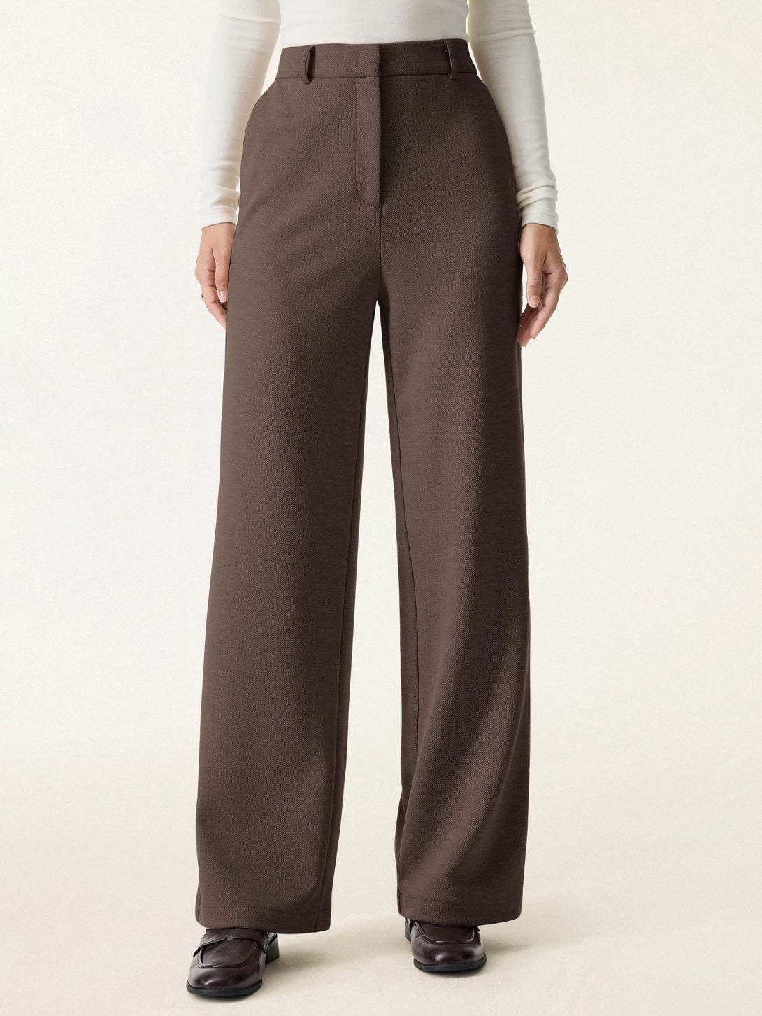 Herringbone Mid Rise Straight Leg Pants with Pockets Regular Chestnut
