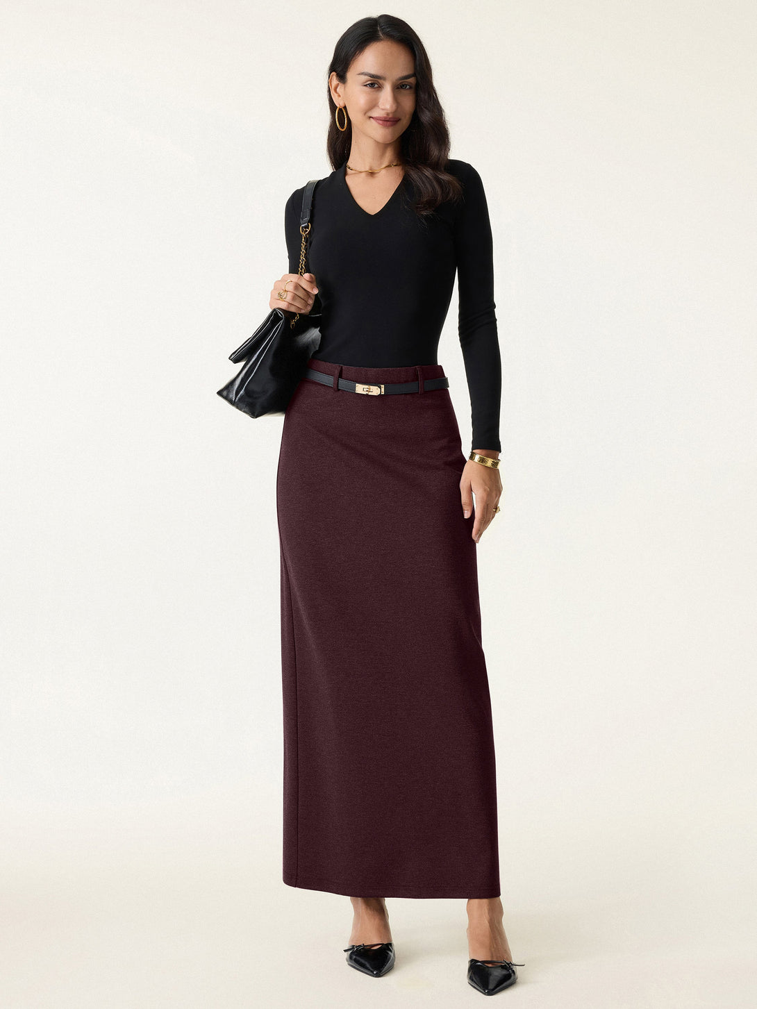 Stretchy Mid Rise Pencil Midi Skirt with Slit