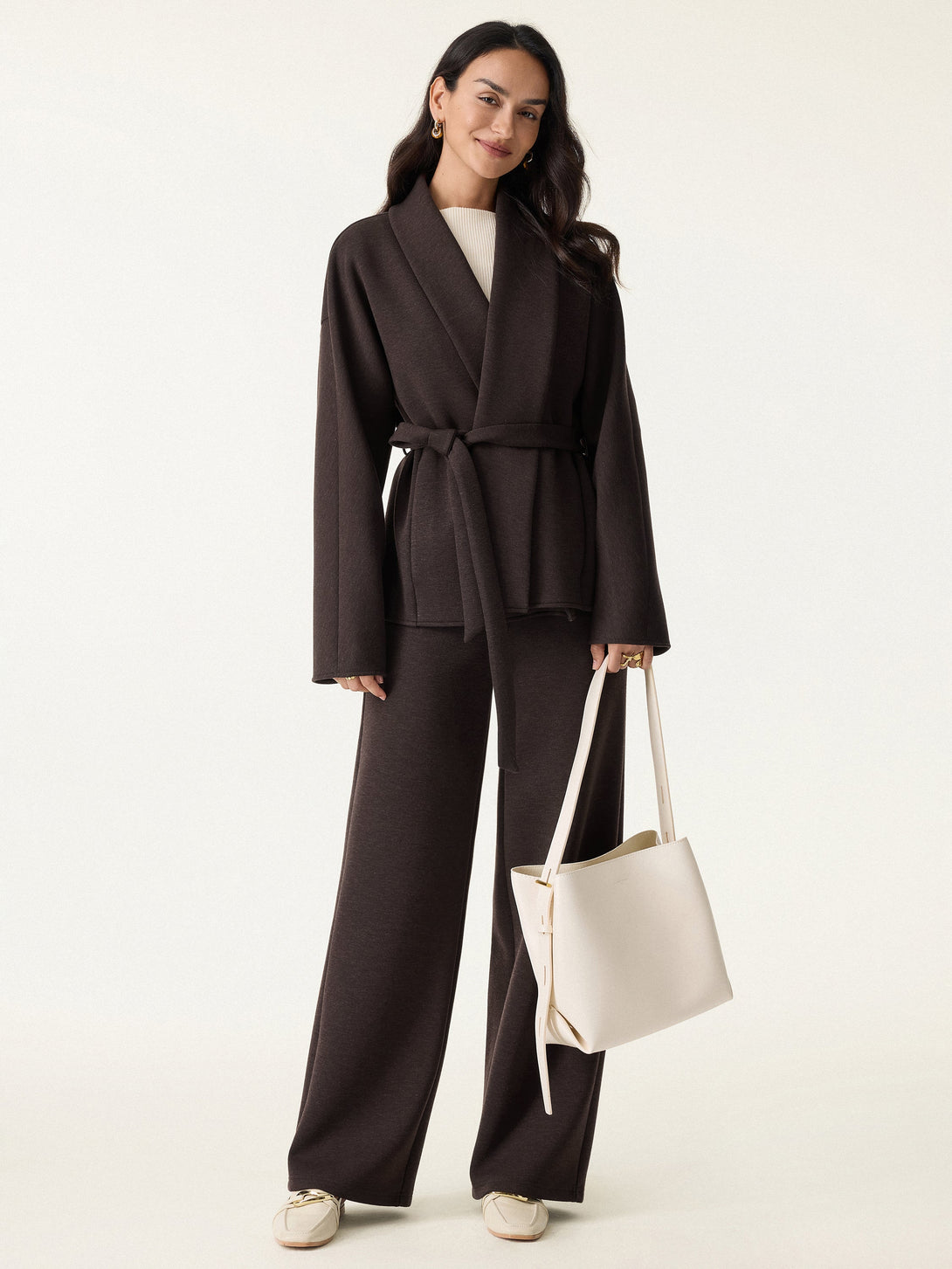 2Pcs Set Shawl Belted Outerwear & High Rise Straight Pull-on Pants with Pockets Espresso XS