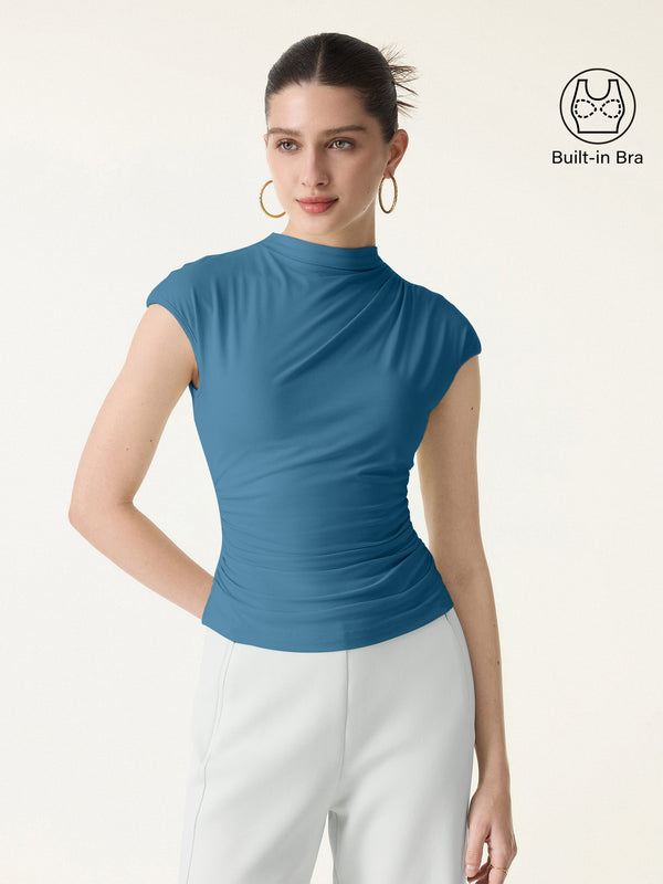 OGLmove SkinKiss Mockneck Ruched Cropped Built-In Bra Top Dark Marine XS