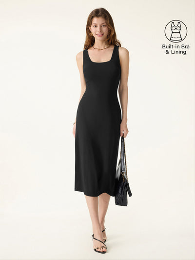 Back Smoothing Bandless Square Neck Midi Bra Dress Black XS