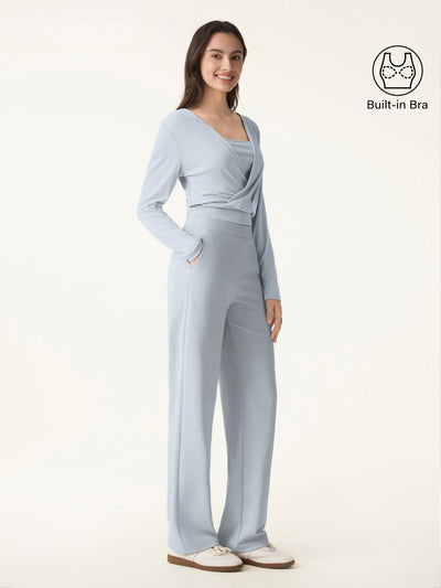 2Pcs Set Modal 2-in-1 Wrap Brami Top & Straight Leg Pull-on Travel Pants Smoke Blue XS