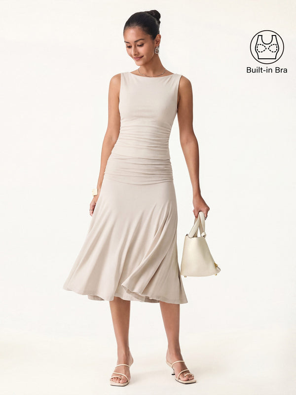 OGLmove 2Pcs Set Open Back Bra Tank & Side Ruched A-line Midi Skirt Gardenia/Fog XS