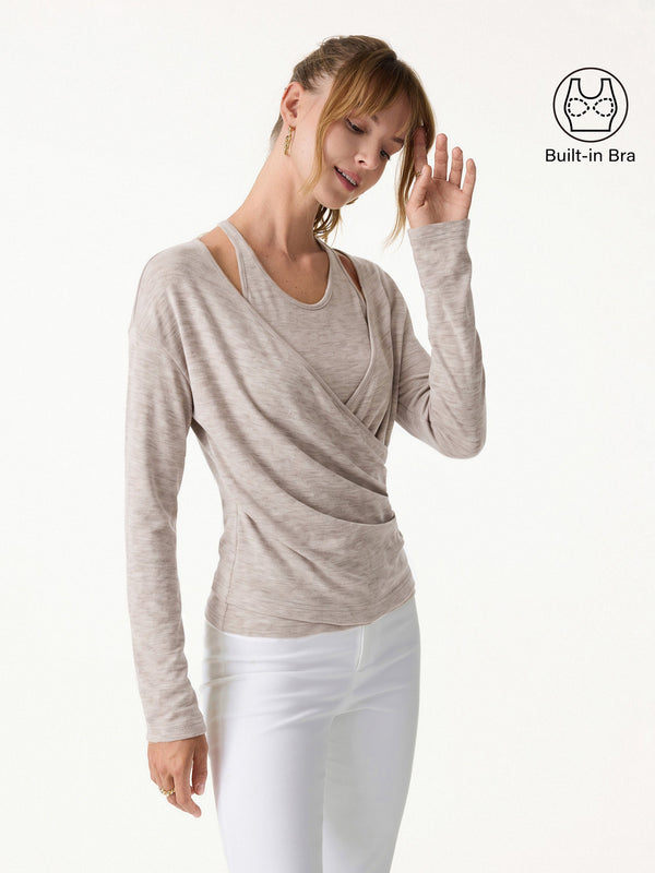 OGLmove 3Pcs Set Surplice Ruched Built-In Bra Top 2.0 & Slim Flared Pants with Pockets