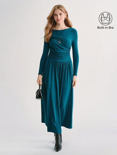 OGLmove LiteWarm Boatneck Long Sleeve Ruched Maxi Built-In Bra Dress 2.0 with Pockets Deep Water XXS