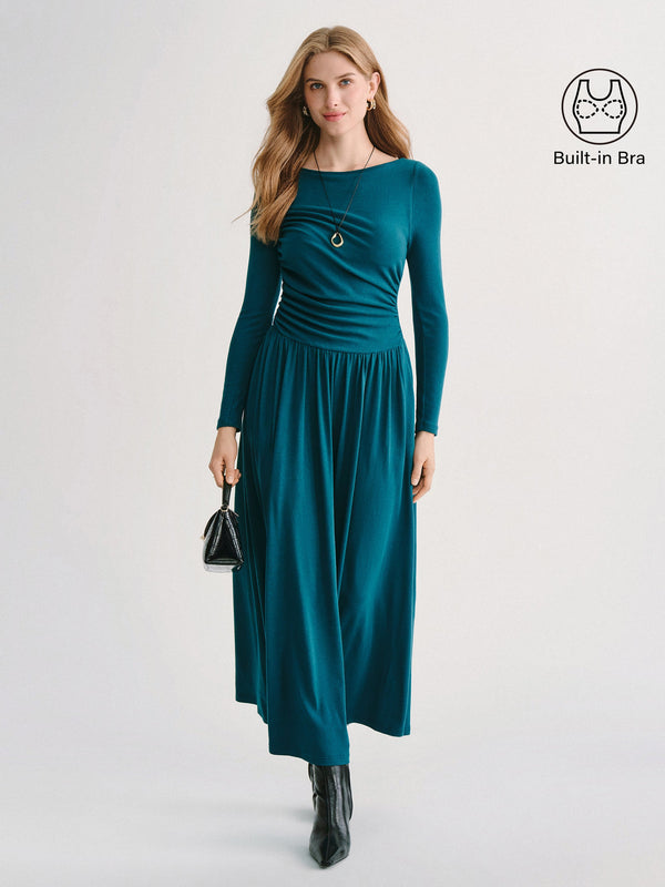 OGLmove LiteWarm Boatneck Long Sleeve Ruched Maxi Built-In Bra Dress 2.0 with Pockets Deep Water XXS
