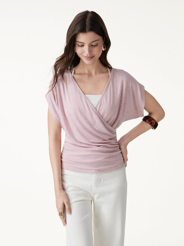 OGLmove Summer Lyocell Wool Suprlice Ruched Short Sleeve Top Heather Light Pink XS