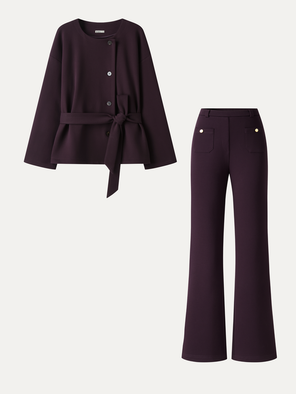 OGLmove 2Pcs Set Round Neck Long Sleeve Belted Jacket with Pockets & Mid-Rise Flared Pants with Pockets