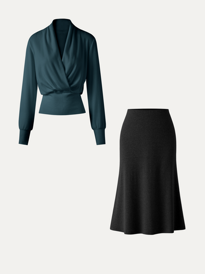 OGLmove 2Pcs Set Surplice Banded Hem Top & Soft Pull-On Midi Skirt Forest Night/Black XXS