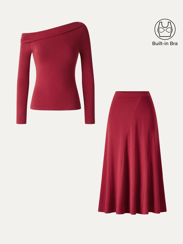 OGLmove 2Pcs Set Asymmetrical Neck Long Sleeve Bra Top & High-Rise A-Line Midi Skirt