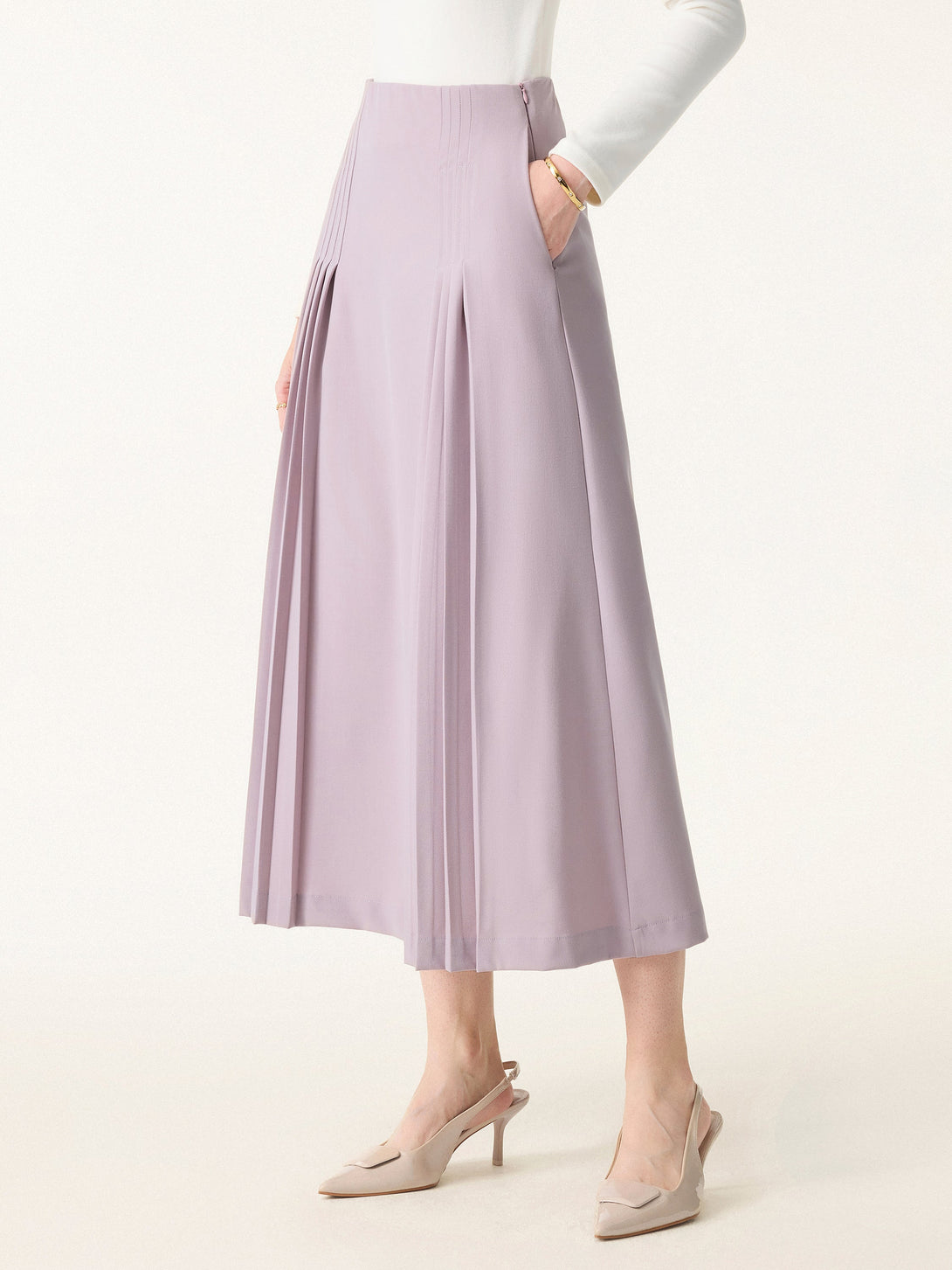 Wrinkle-Resistant A-line Pleated Midi Skirt with Pockets