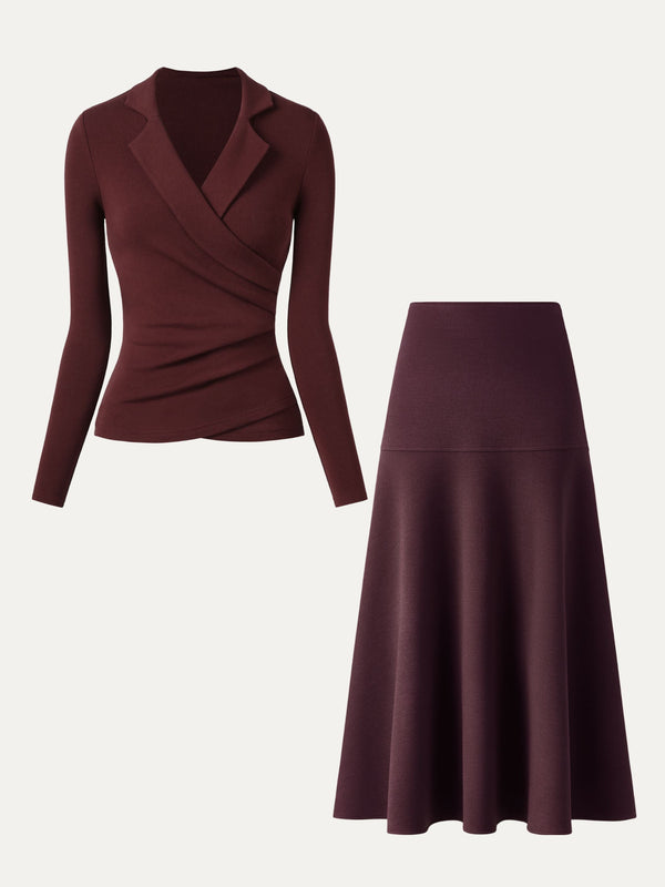 2Pcs Set Collared Surplice Top & Flared Maxi Skirt Ruby/Ruby XS