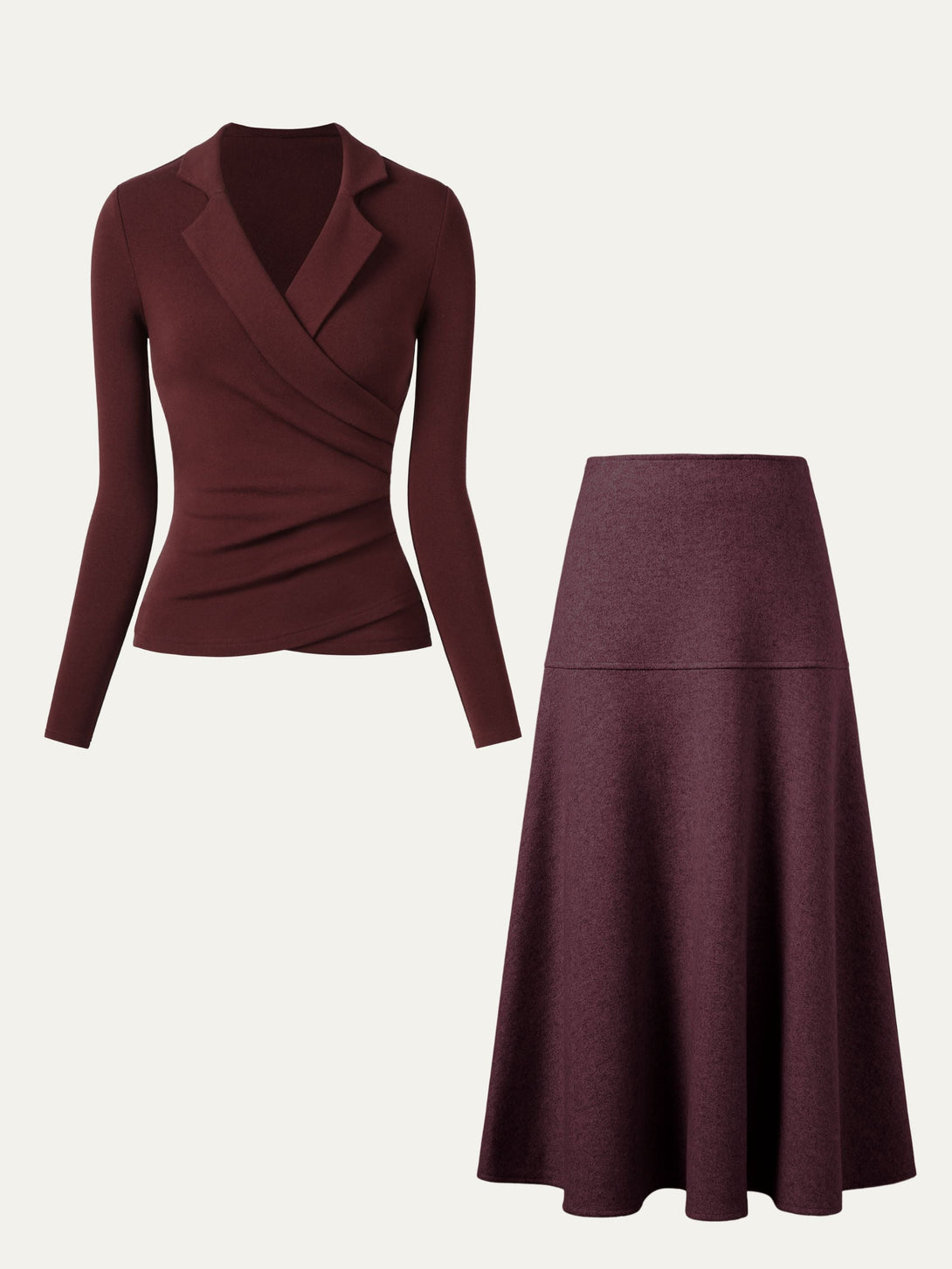 2Pcs Set Collared Surplice Top & Flared Maxi Skirt