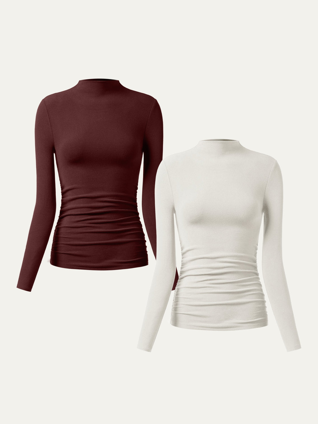 2Pcs Set Thermal Ruched Sides Tuckable Mockneck Top Off White/Ruby XS