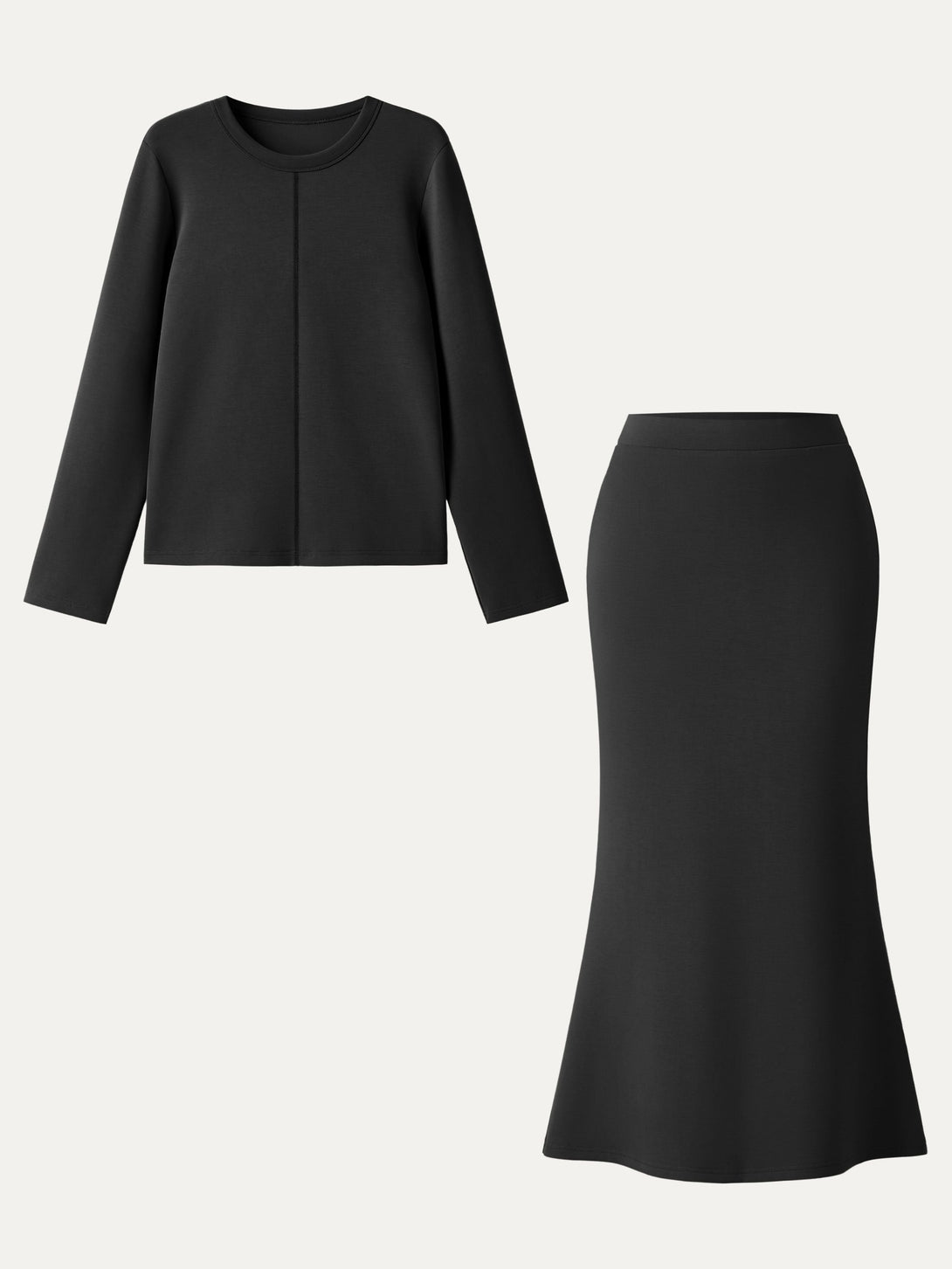 2Pcs Set Crew Neck Pullover Shirt & Wrinkle-Resistant Maxi Pull-on Skirt Black XS