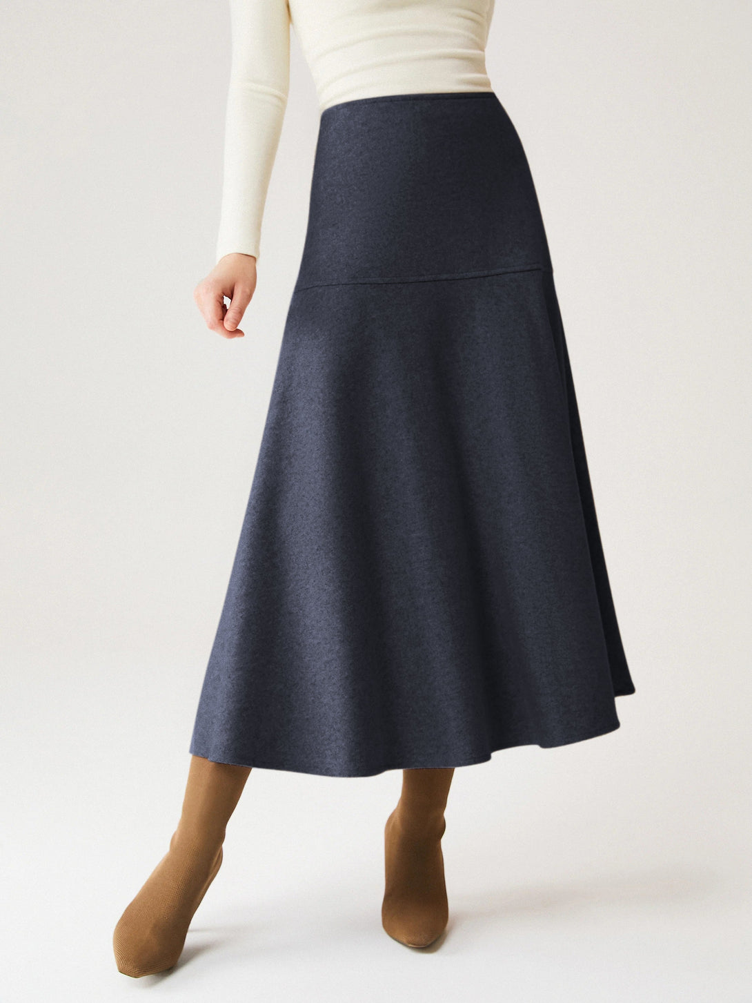 Wool-like Flared Maxi Skirt Regular Heather Navy