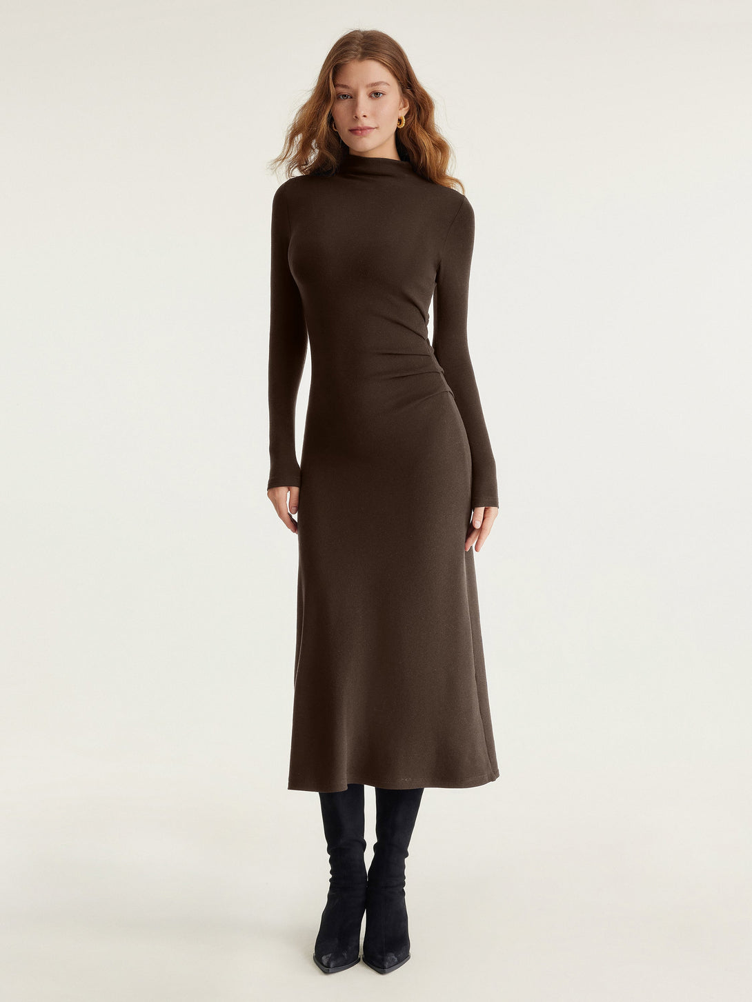 Heat-Tech Long Sleeves Mockneck Tucks Midi Dress Regular Espresso