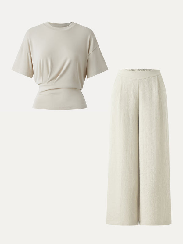 2Pcs Set Sandwashed Crewneck Short Sleeve Tee & Linen Mid Rise Wide Leg Pant with Pockets Morning Mist/Off White XS