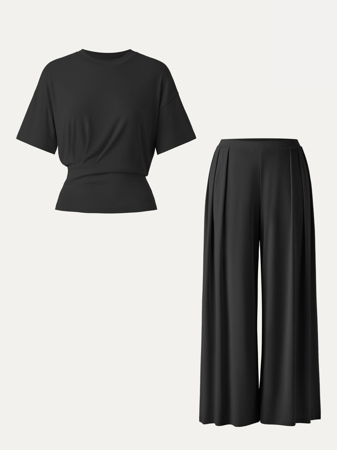 2Pcs Set Sandwashed Crewneck Tee & Mid Rise Pleated Wide Leg Pants with Pockets Black XS