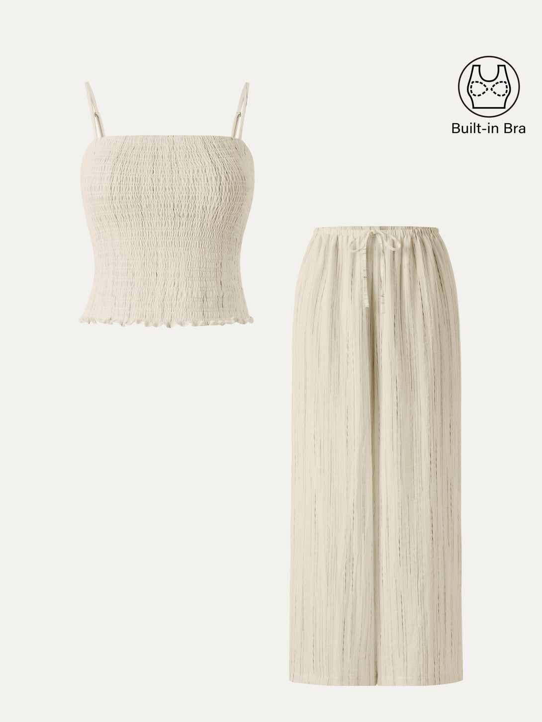 2Pcs Set Striped Adjustable Spaghetti Brami & Striped Wide Leg Pants with Pockets Sweet Ivory Stripe XS