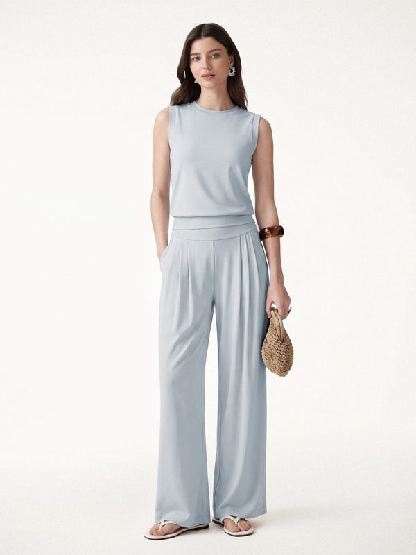 OGLmove 2Pcs Set Crew Neck Top & Flowy Tucked Palazzo Pant with Pockets Smoke Blue XS