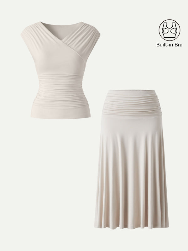 OGLmove 2Pcs Set Surplice V-Neck Bra Top & Side Ruched A-line Midi Skirt