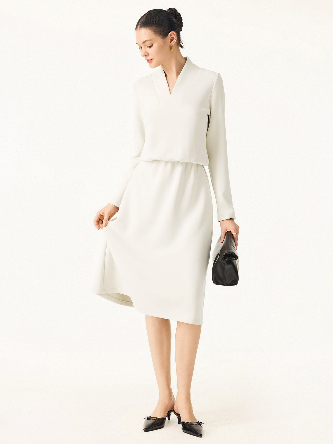 Elevated V-neck Long Sleeve Cinched Midi Dress Ash Ivory XS