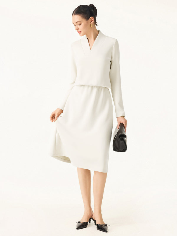 Elevated V-neck Long Sleeve Cinched Midi Dress Ash Ivory XS