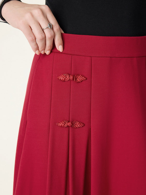 Pleated Frog Button Decor Midi A-line Skirt