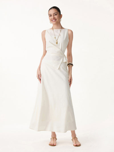 OGLmove 2Pcs Set Boatneck Waist-Defined Top & Maxi Flared Pull-On Skirt Eggnog XS