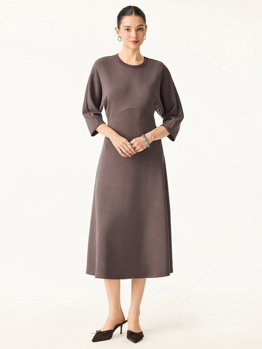 Chic Crewneck 3/4 Sleeves Midi Dress