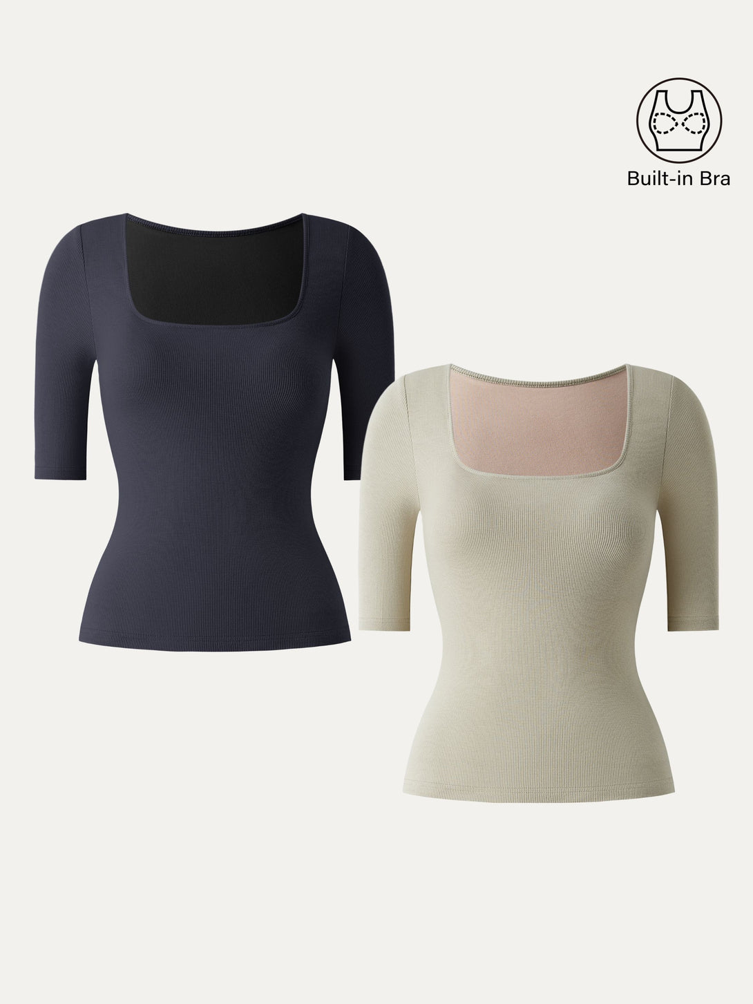 2Pcs Set Stretch Cotton Square Neck Elbow Length Sleeve Brami Smoky Navy/Dark Alabaster XS