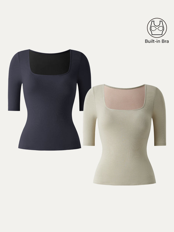 2Pcs Set Stretch Cotton Square Neck Elbow Length Sleeve Brami Smoky Navy/Dark Alabaster XS