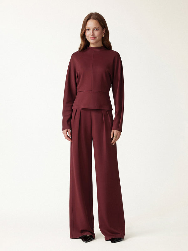 OGLmove 2Pcs Set Mock Neck Batwing Sleeve Top & High-Rise Wide-Leg Pants with Pockets Ruby Red XXS