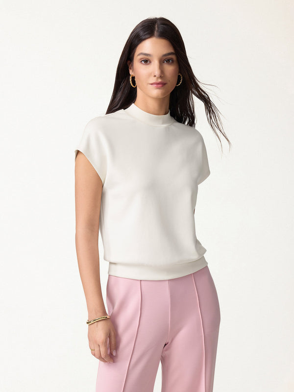 OGLmove Modal Spacer Knit Mock Neck Cap Sleeve Banded Hem Top Off White XXS
