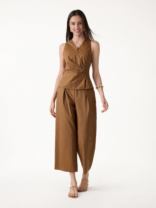 OGLmove 2Pcs Set Top with Side Twist & Cropped Wide Leg Pants