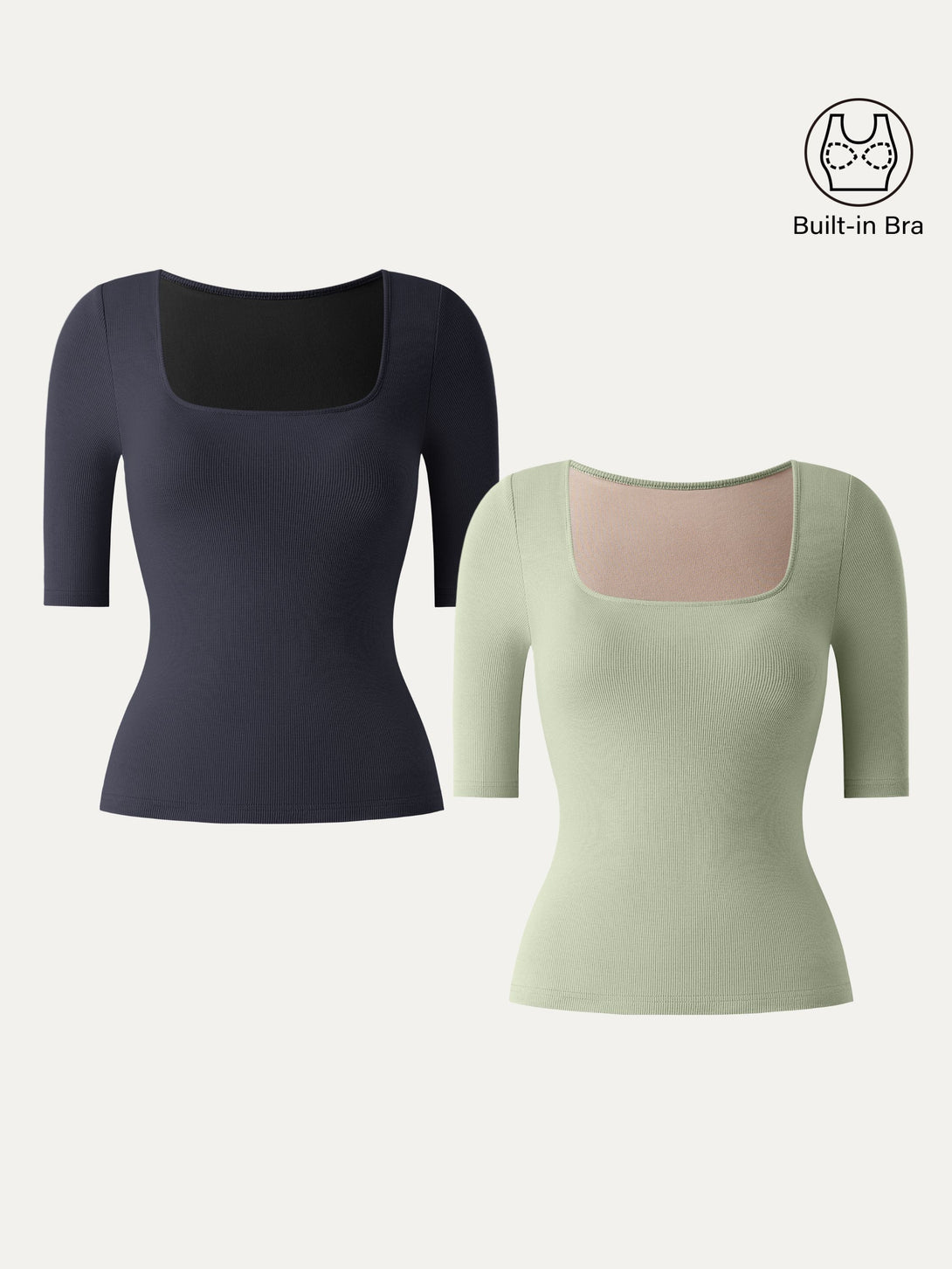 2Pcs Set Stretch Cotton Square Neck Elbow Length Sleeve Brami Smoky Navy/Limechino XS