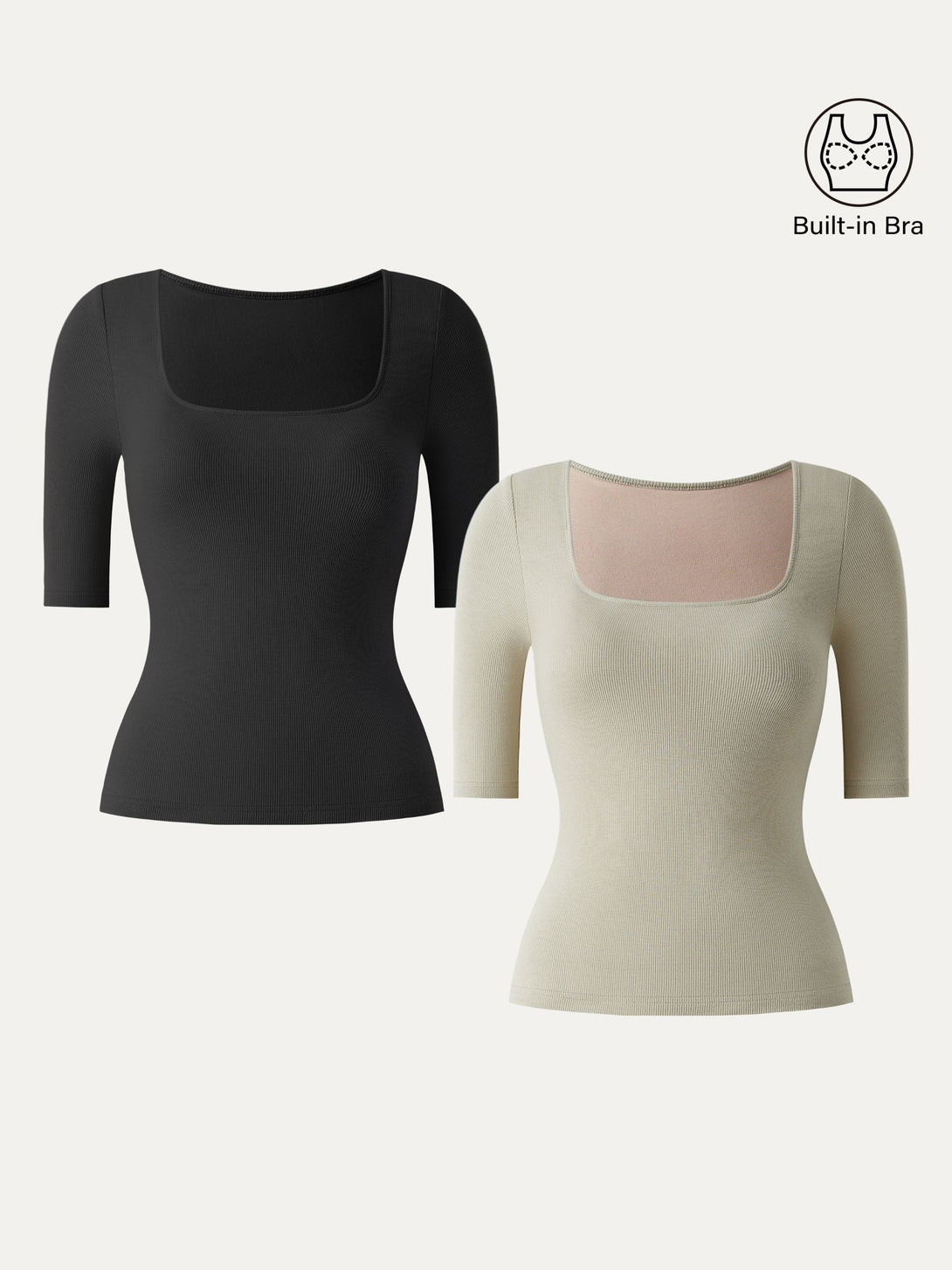 2Pcs Set Stretch Cotton Square Neck Elbow Length Sleeve Brami Black/Dark Alabaster XS
