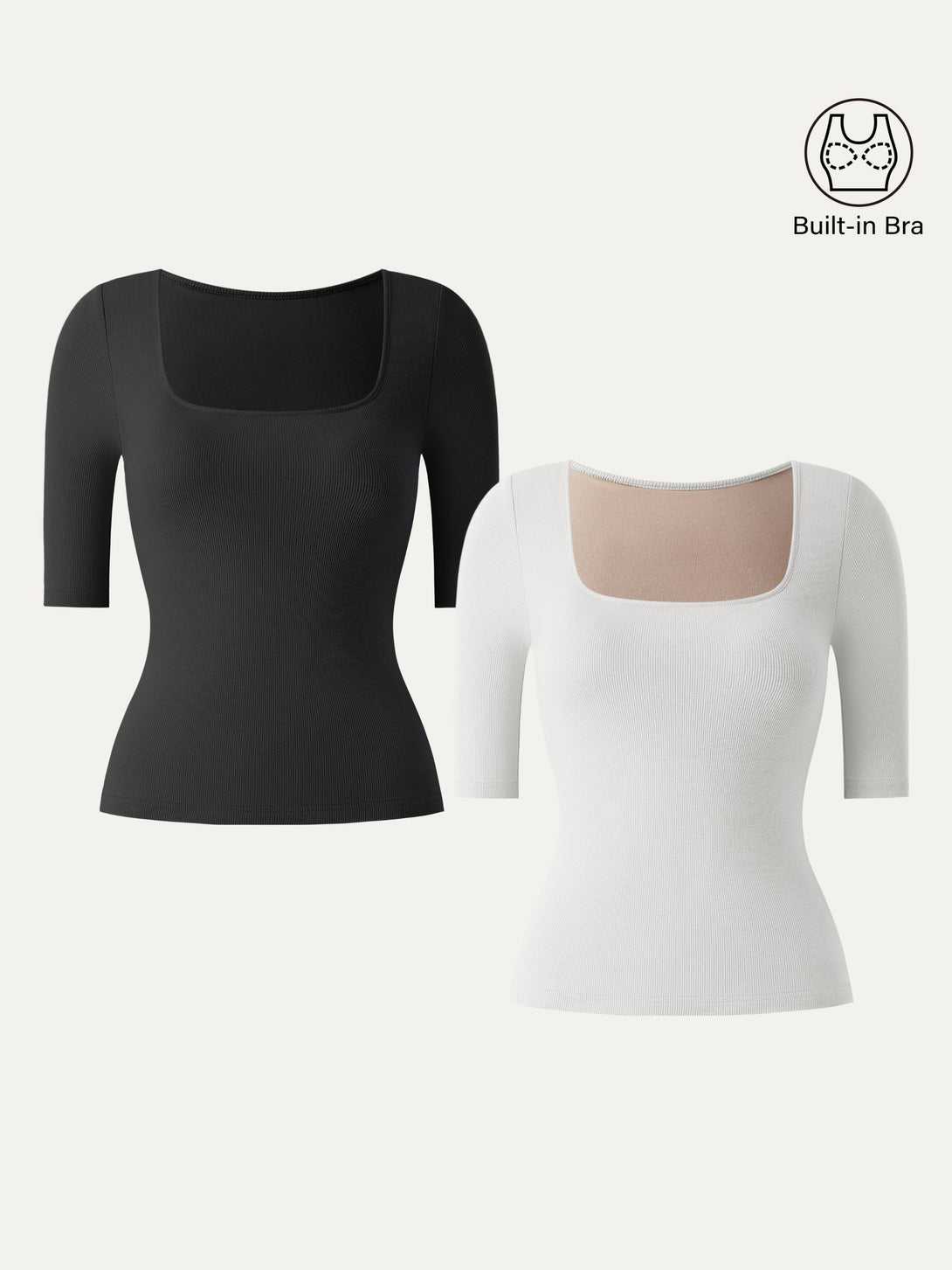 2Pcs Set Stretch Cotton Square Neck Elbow Length Sleeve Brami Black/White XS