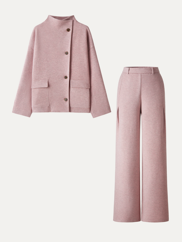 OGLmove 2Pcs Set FuzzLuxe Mock Neck Long Sleeve Jacket with Pockets & High-Rise Wide-Leg Tuck Pants with Welt Pockets