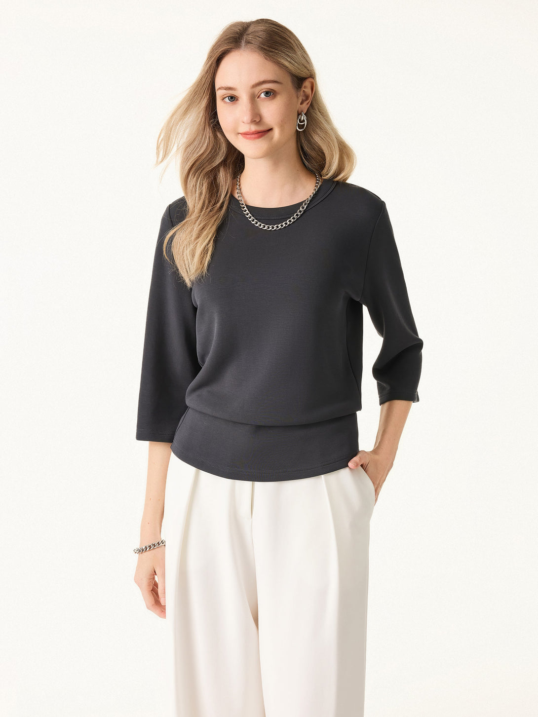 Sandwashed Spacer Crewneck 3/4 Sleeve Top Blue Charcoal XS