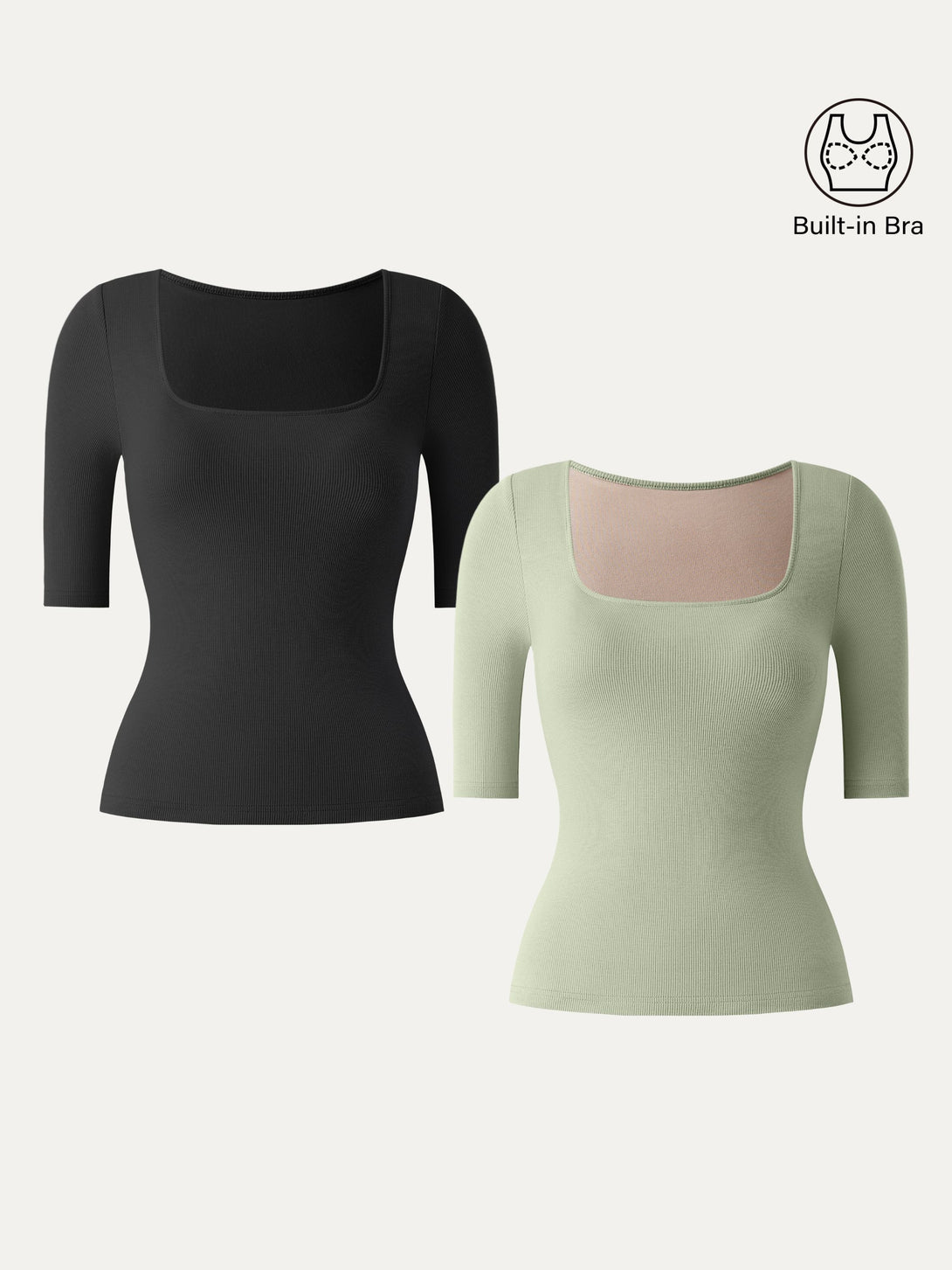 2Pcs Set Stretch Cotton Square Neck Elbow Length Sleeve Brami Black/Limechino XS