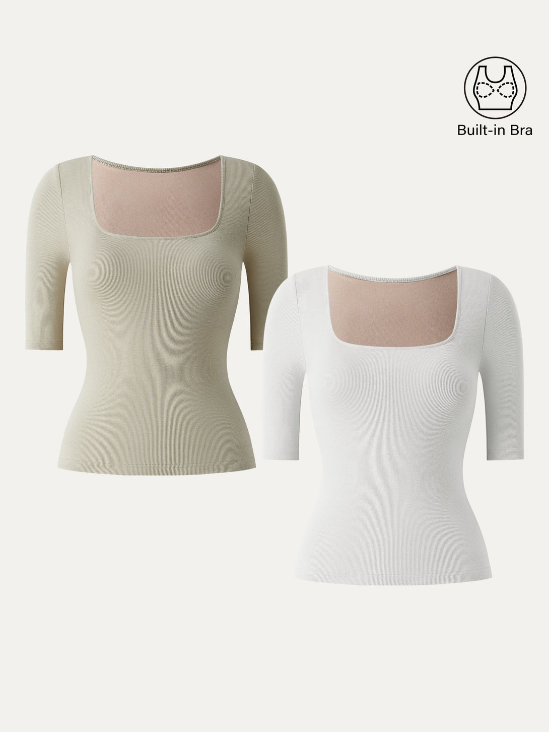 2Pcs Set Stretch Cotton Square Neck Elbow Length Sleeve Brami White/Dark Alabaster XS