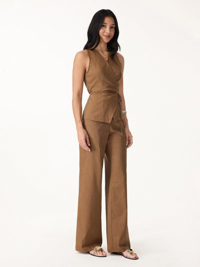 OGLmove 2Pcs Set Wrap Top with Self-Tie & Drawstring Wide Leg Pants with Pockets Tree Brown XS