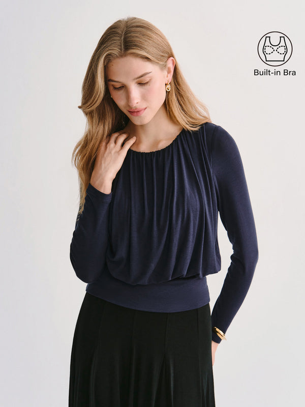 OGLmove LiteWarm Lyocell-Wool Round Neck Long Sleeve Tucked Built-In Bra Top 2.0 Universe Navy XXS