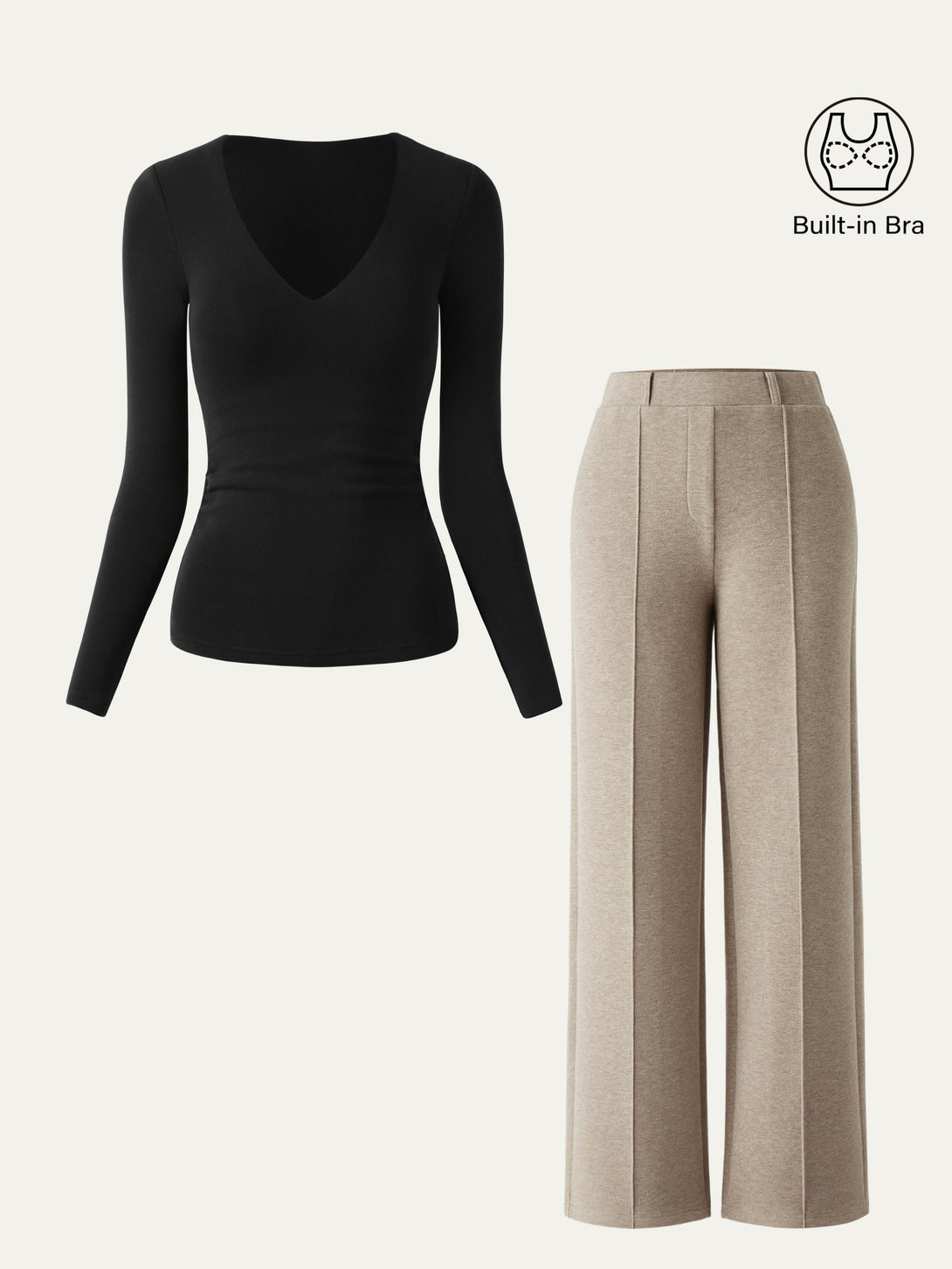 2Pcs Set V-Neck Brami Top & High Waisted Straight Leg Pant Black/Heather Morganite XS