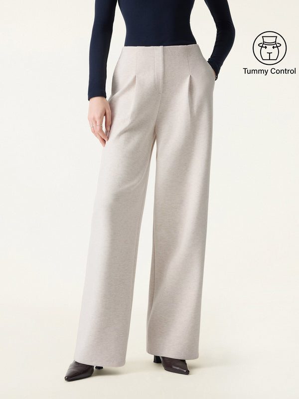 Tummy-Control Mid Rise Straight Leg Pull-on Pants Regular Heather Ivory